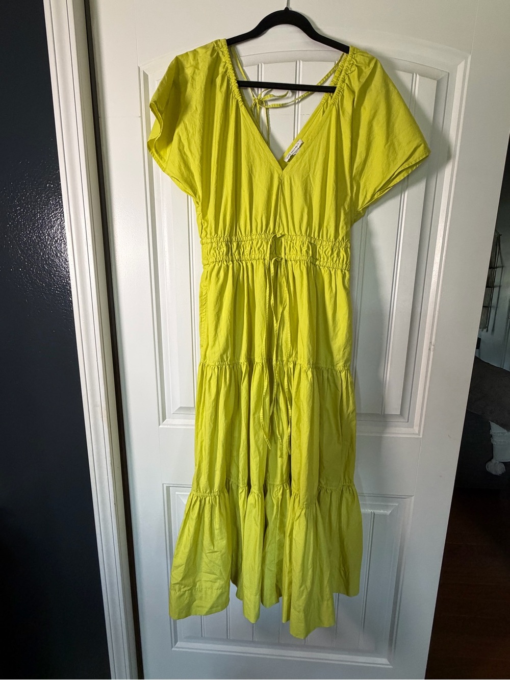 Free Assembly Chartreuse Tiered Maxi Dress Size Small V Neck Smocked Waist